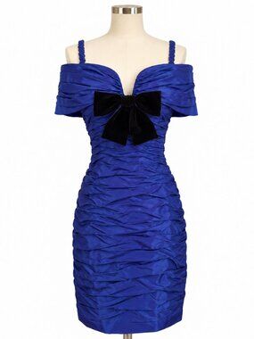 Vintage 80s Scaasi Neiman Marcus Ruched Sapphire Royal Blue Velvet Bow Dress S